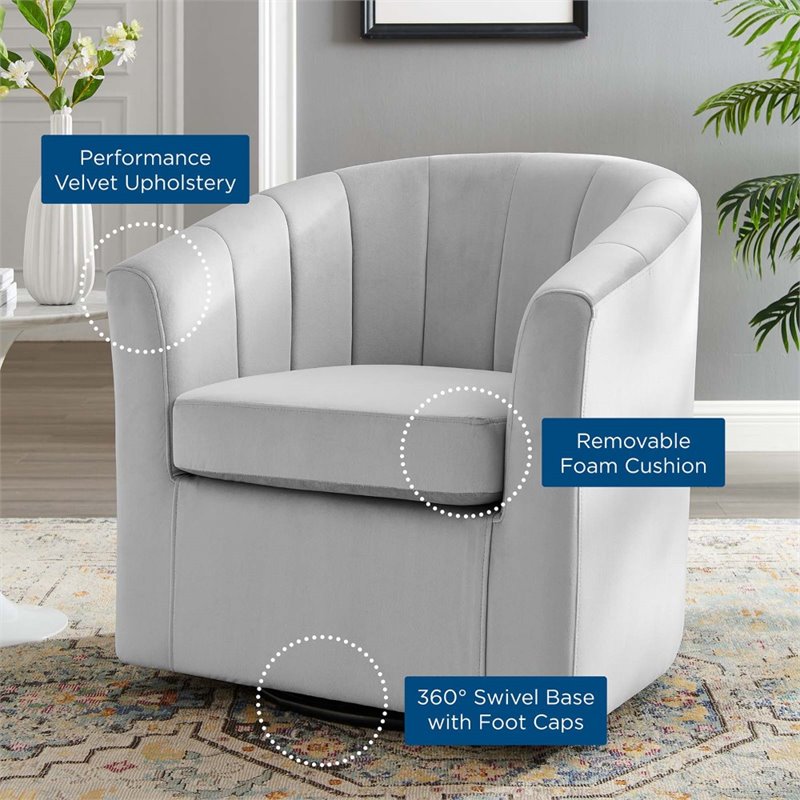 Pemberly Row Modern Performance Velvet Swivel Armchair in Gray