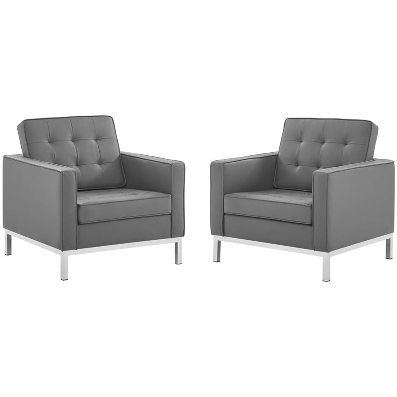 Pemberly Row Modern Faux Leather Armchair in Gray/Silver (Set of 2)