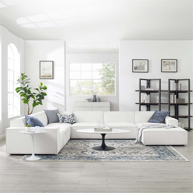Pemberly Row 7-Piece Modern Fabric Upholstered Sectional Sofa in White