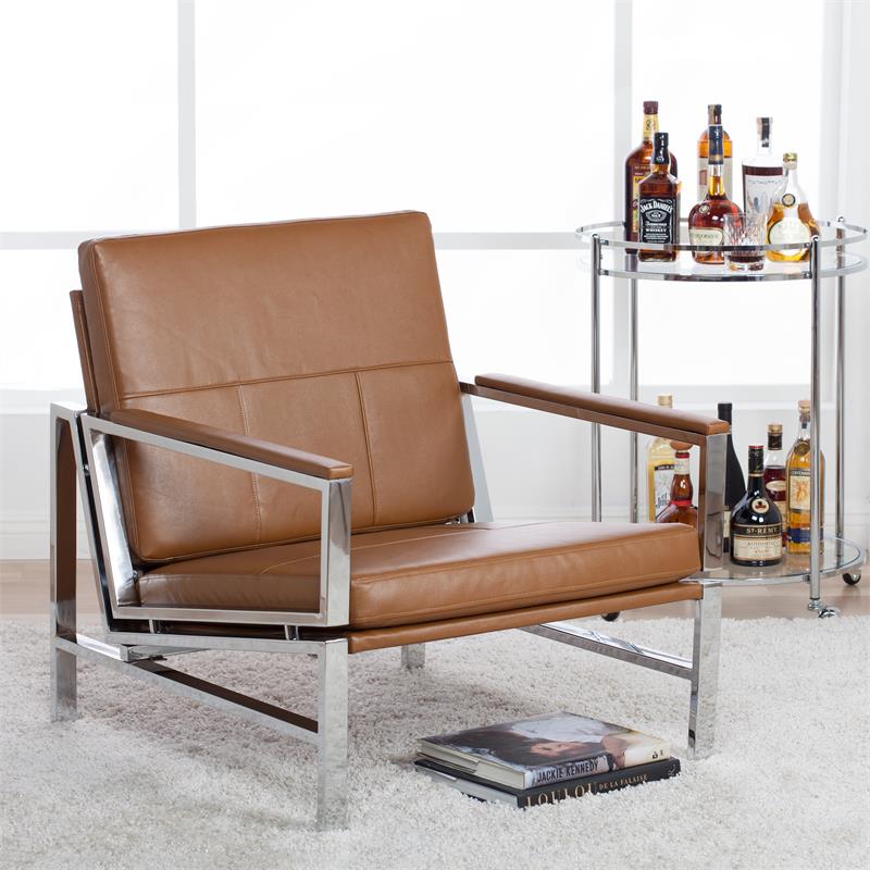 Pemberly Row Leather and Metal Accent Chair in Caramel/Chrome