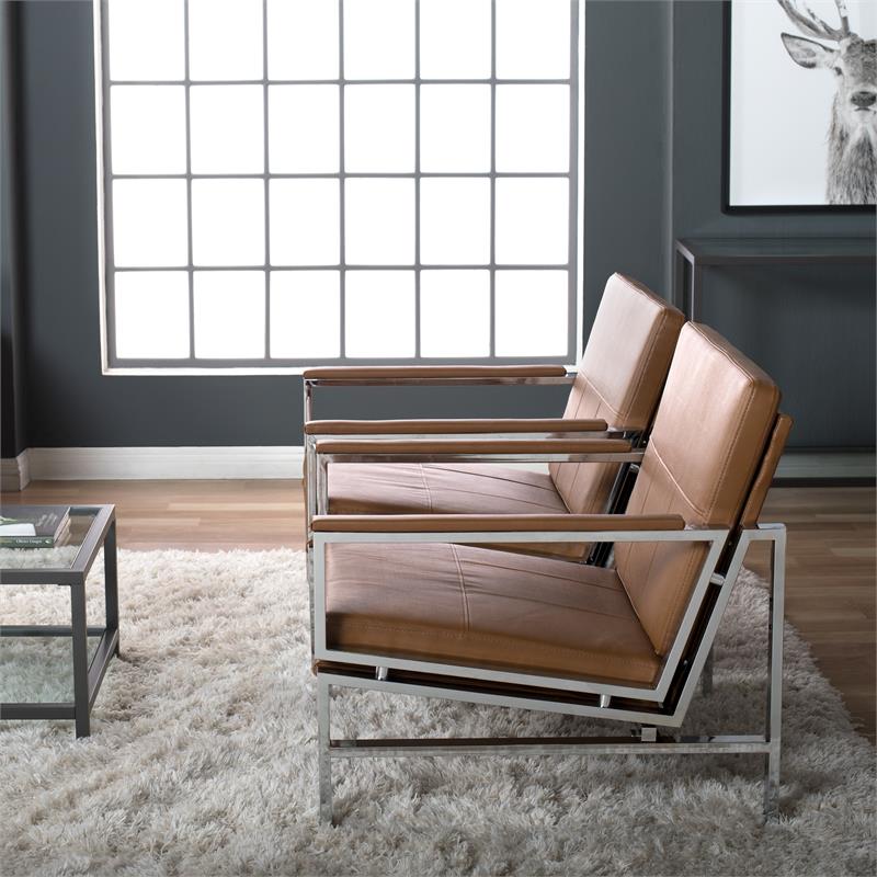Pemberly Row Leather and Metal Accent Chair in Caramel/Chrome