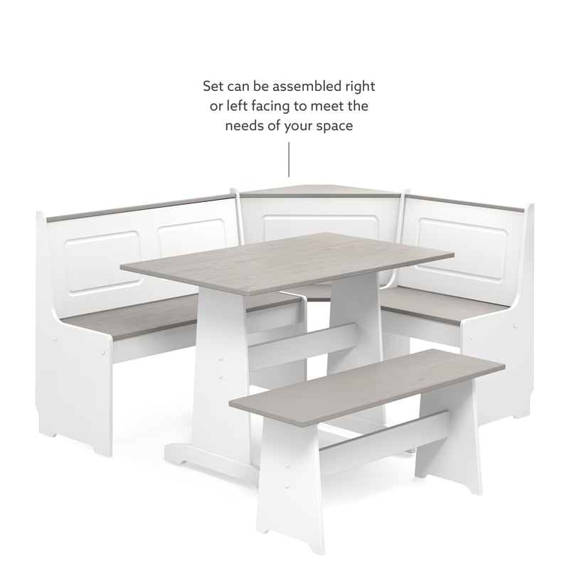Pemberly Row Pine Wood Corner Nook Dining Set with Storage in White and Gray