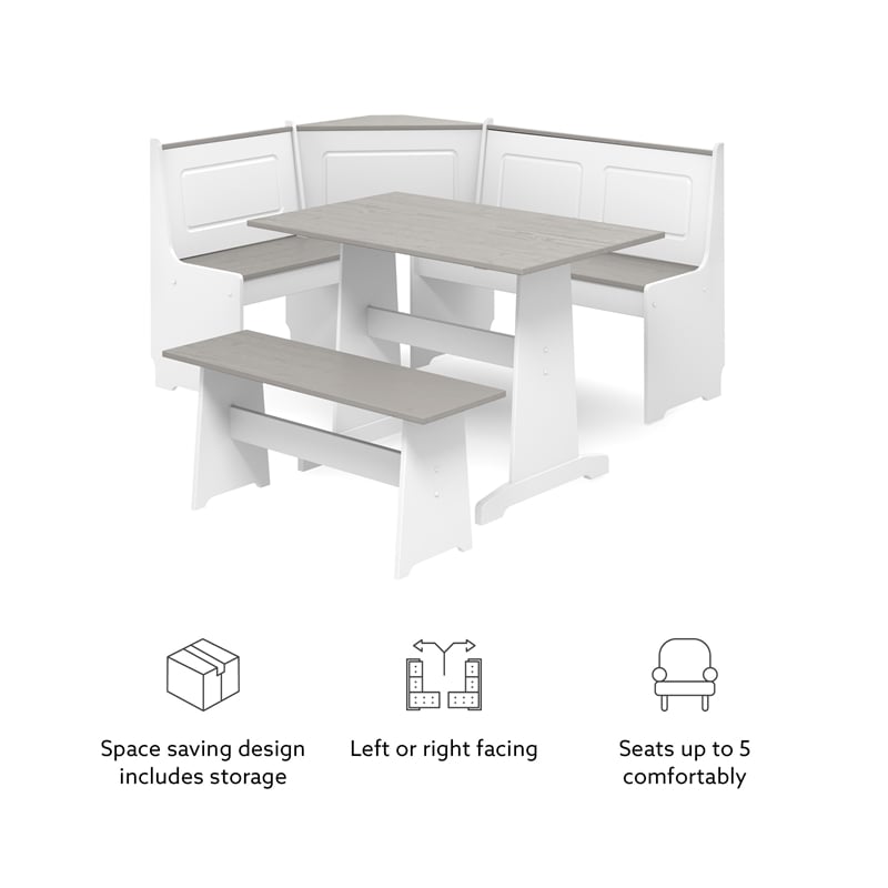 Pemberly Row Pine Wood Corner Nook Dining Set with Storage in White and Gray