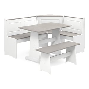 Pemberly Row Pine Wood Corner Nook Dining Set with Storage in White and Gray