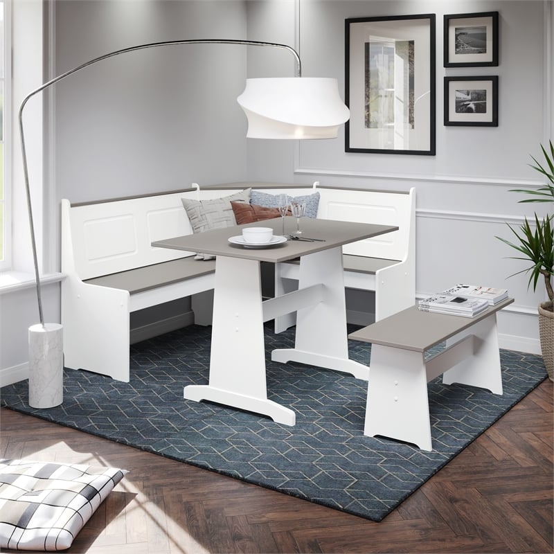 Pemberly Row Pine Wood Corner Nook Dining Set with Storage in White and Gray