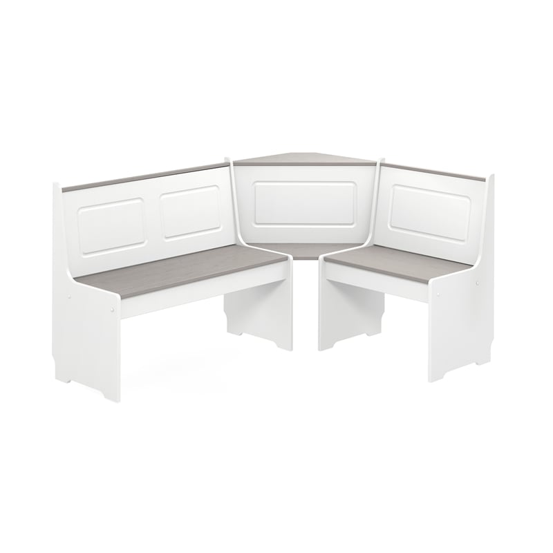 Pemberly Row Pine Wood Corner Nook Dining Set with Storage in White and Gray
