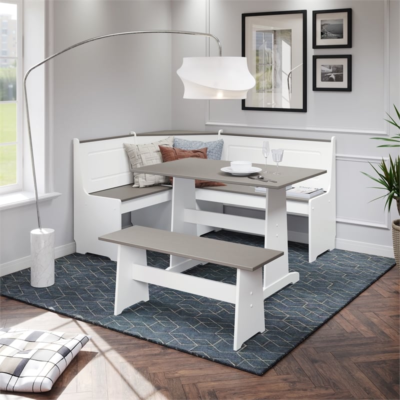 Pemberly Row Pine Wood Corner Nook Dining Set with Storage in White and Gray