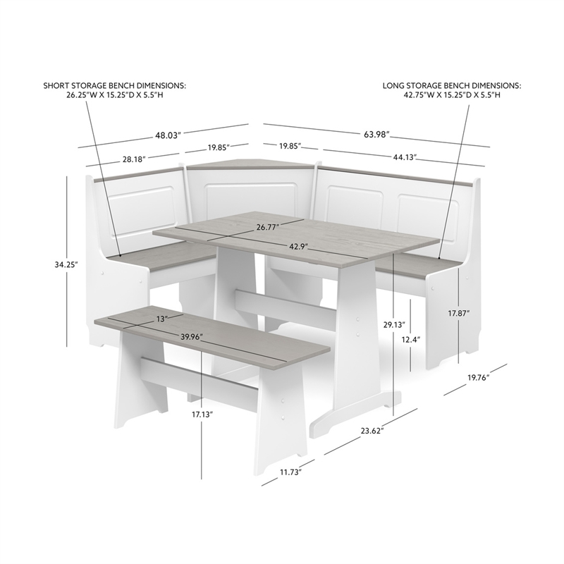Pemberly Row Pine Wood Corner Nook Dining Set with Storage in White and Gray