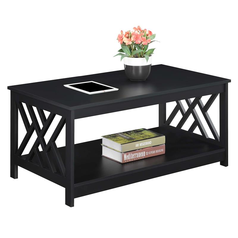 Pemberly Row Modern Coffee Table with Shelf in Black Wood Finish