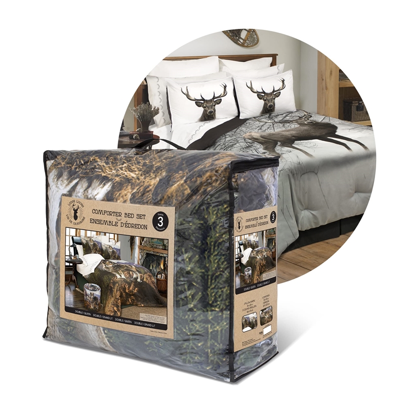 Pemberly Row 3-piece Deer Microfiber Double Queen Comforter Set in Multi-Color