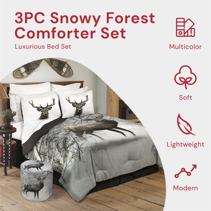 Pemberly Row 3-piece Deer Microfiber Double Queen Comforter Set in Multi-Color