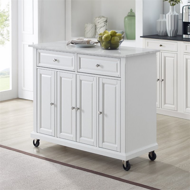 Pemberly Row Wood Top Kitchen Island Cart in Distressed White