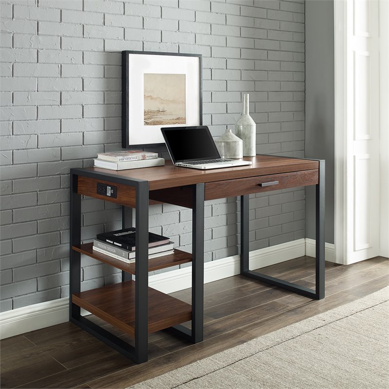 Pemberly Row Wood Computer Desk w/ USB Port and AC Plug-in Unit - Dark Walnut