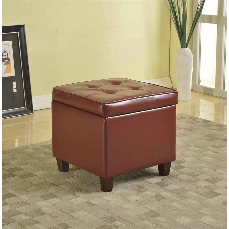 Pemberly Row Square Transitional Faux Leather Storage Ottoman in Dark Red