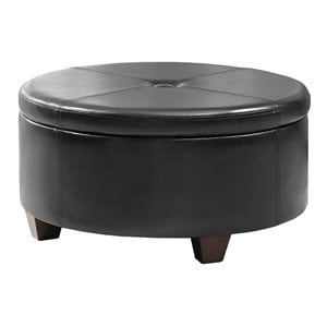 Pemberly Row Faux Leather Button-top Large Storage Ottoman in Black