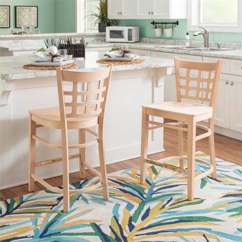 Pemberly Row Wood Commercial Grade Set of Two Counter Stools in Unfinish Natural