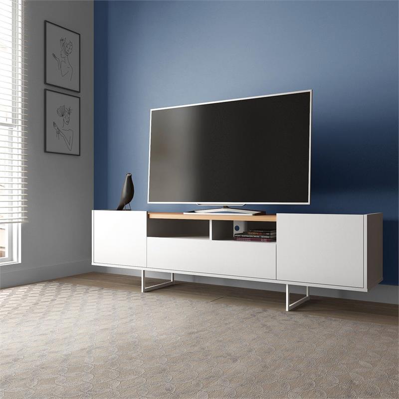 Pemberly Row Sleek Modern TV Stand with 6 Shelves in White Cinnamon