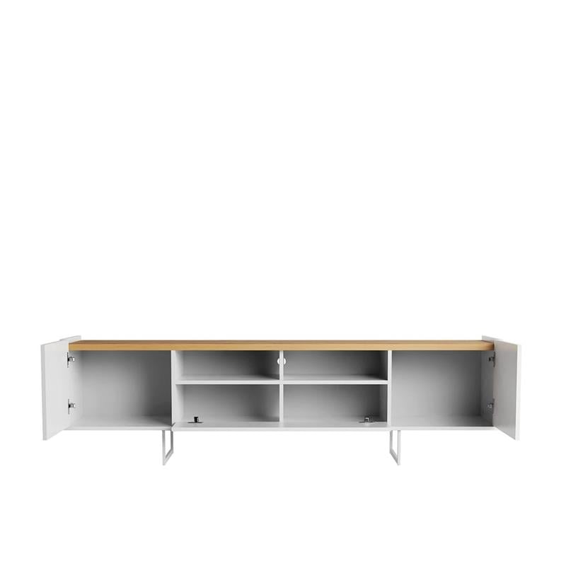 Pemberly Row Sleek Modern TV Stand with 6 Shelves in White Cinnamon
