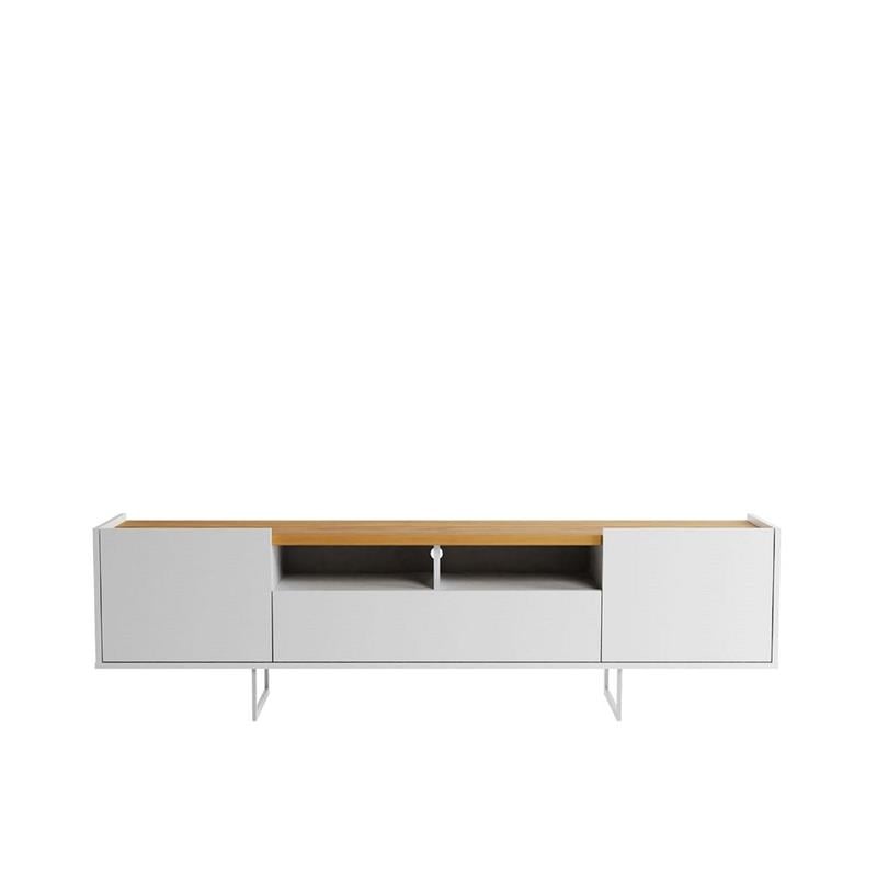 Pemberly Row Sleek Modern TV Stand with 6 Shelves in White Cinnamon