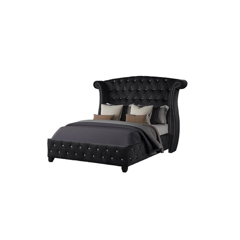 Pemberly Row Upholstery Queen Size Bed Made With Wood in Black Color