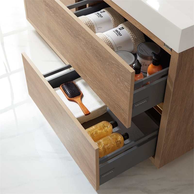 Pemberly Row Single Sink Bathroom Vanity Natural Oak Wood White Top No Mirror