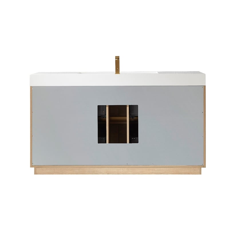 Pemberly Row Single Sink Bathroom Vanity Natural Oak Wood White Top No Mirror