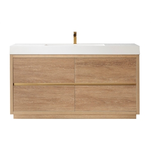 Pemberly Row Single Sink Bathroom Vanity Natural Oak Wood White Top No Mirror