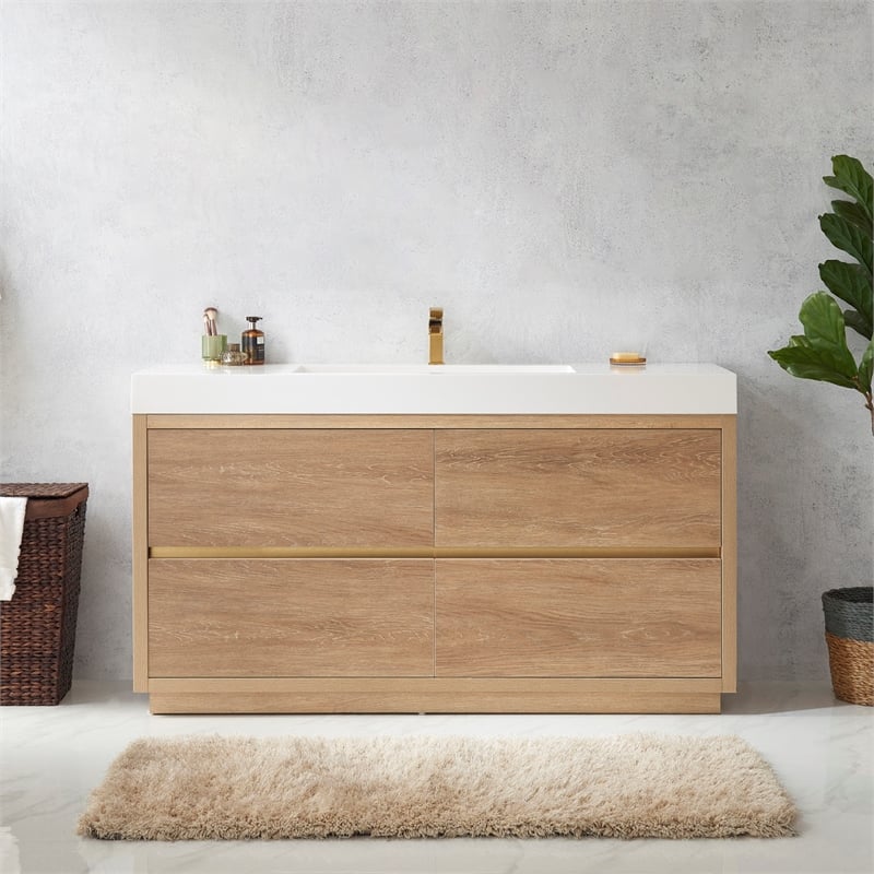 Pemberly Row Single Sink Bathroom Vanity Natural Oak Wood White Top No Mirror