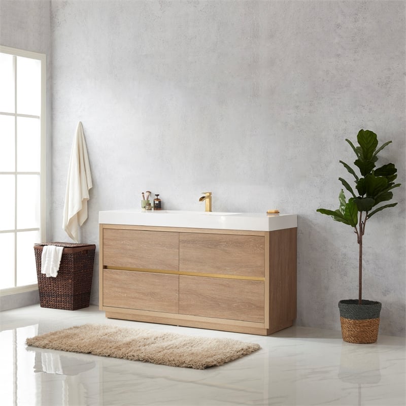 Pemberly Row Single Sink Bathroom Vanity Natural Oak Wood White Top No Mirror