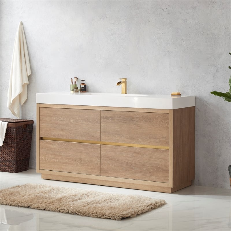 Pemberly Row Single Sink Bathroom Vanity Natural Oak Wood White Top No Mirror