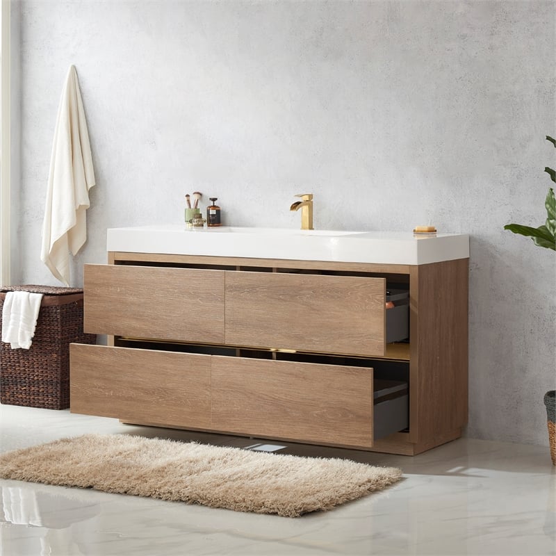Pemberly Row Single Sink Bathroom Vanity Natural Oak Wood White Top No Mirror