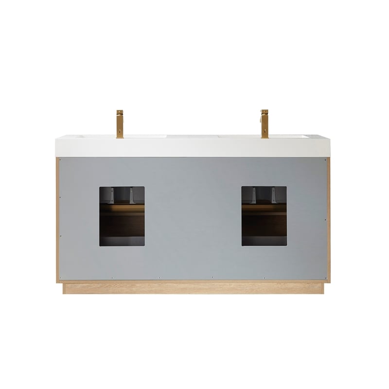 Pemberly Row Double Sink Bathroom Vanity Natural Oak Wood White Top No Mirror