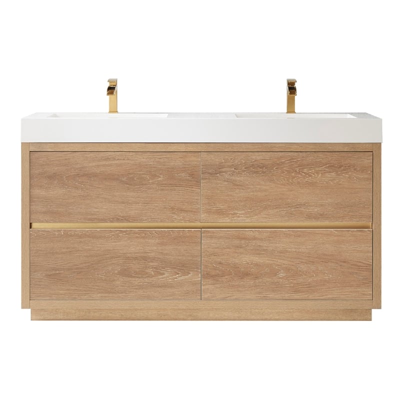 Pemberly Row Double Sink Bathroom Vanity Natural Oak Wood White Top No Mirror