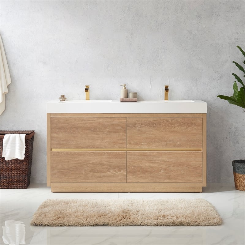Pemberly Row Double Sink Bathroom Vanity Natural Oak Wood White Top No Mirror