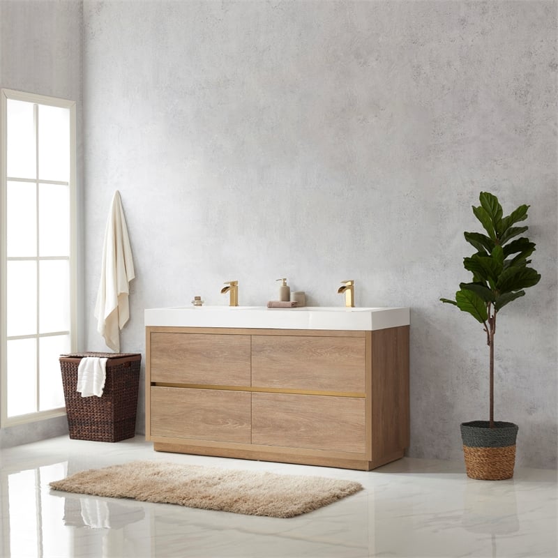 Pemberly Row Double Sink Bathroom Vanity Natural Oak Wood White Top No Mirror