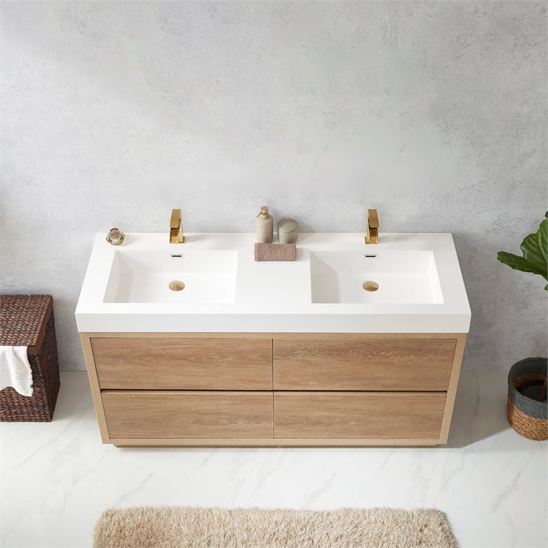 Pemberly Row Double Sink Bathroom Vanity Natural Oak Wood White Top No Mirror