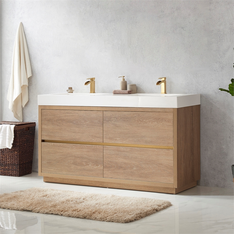 Pemberly Row Double Sink Bathroom Vanity Natural Oak Wood White Top No Mirror