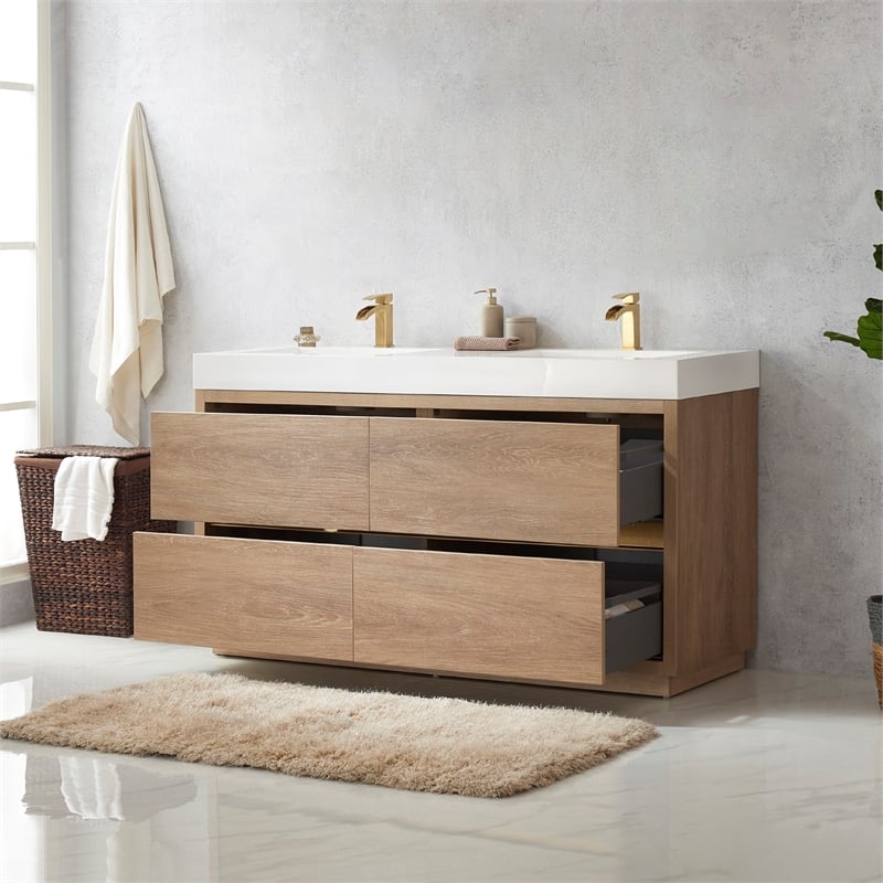 Pemberly Row Double Sink Bathroom Vanity Natural Oak Wood White Top No Mirror