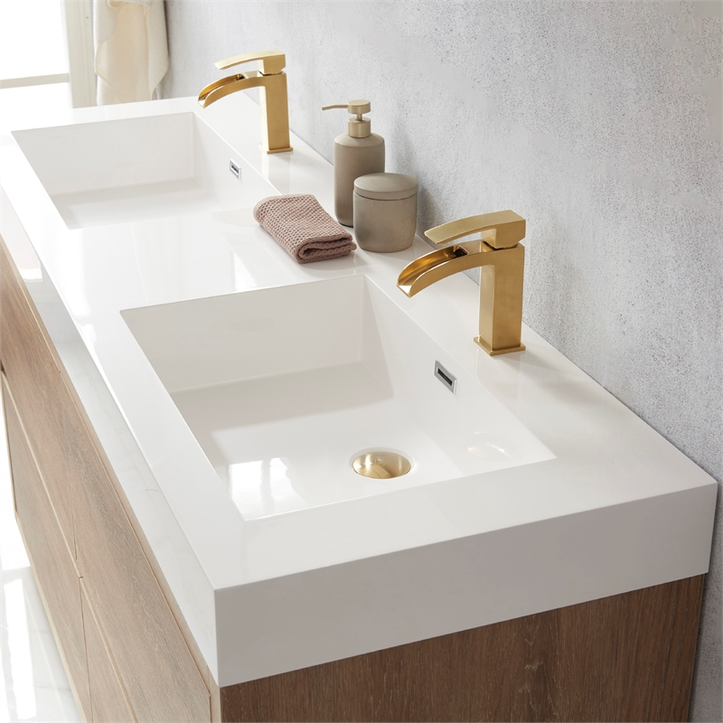 Pemberly Row Double Sink Bathroom Vanity Natural Oak Wood White Top No Mirror