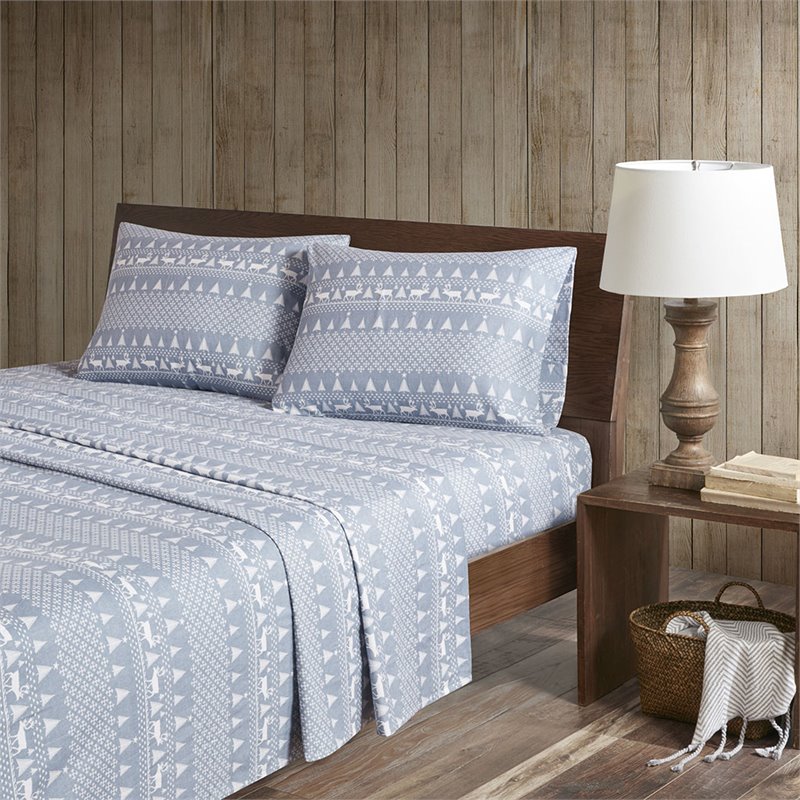 Pemberly Row 100 Percent Cotton Flannel Printed Sheet Set in Blue Winter Frost