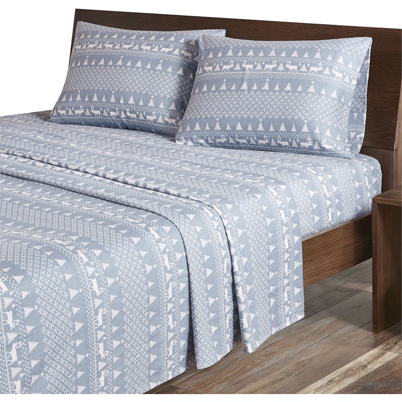 Pemberly Row 100 Percent Cotton Flannel Printed Sheet Set in Blue Winter Frost