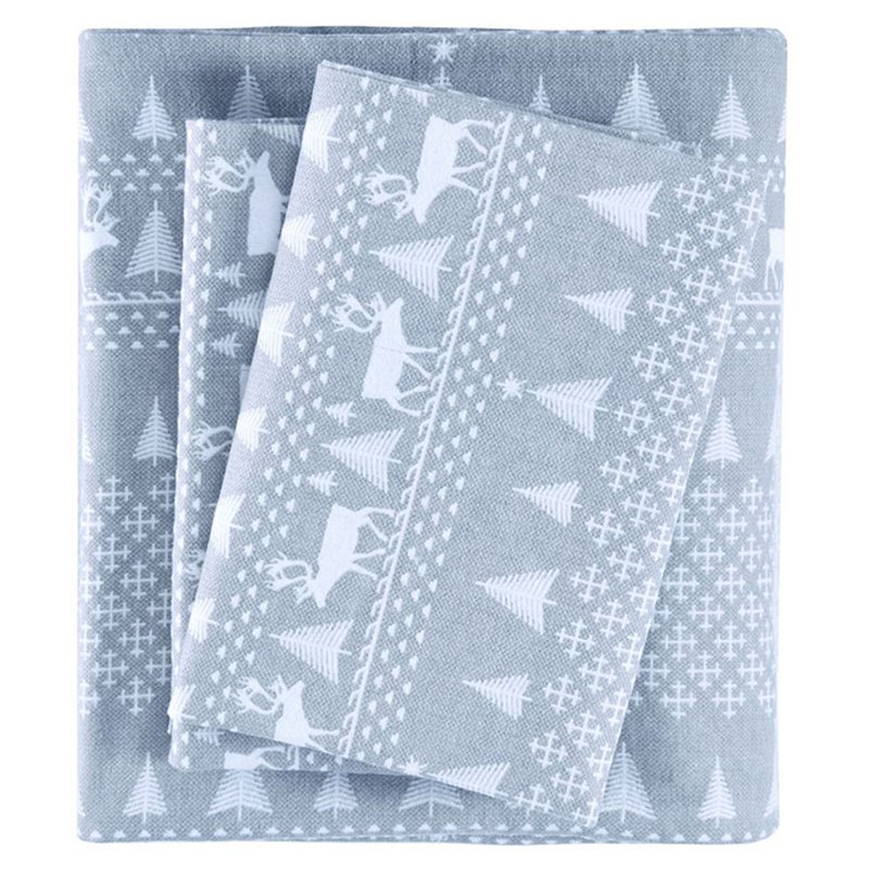 Pemberly Row 100 Percent Cotton Flannel Printed Sheet Set in Blue Winter Frost