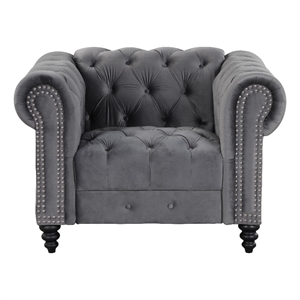 Pemberly Row Chesterfield 45.5&quot Button Tufted Velvet Fabric Accent Chair in Gray