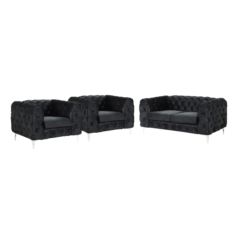 Pemberly Row 3-Piece Couches Velvet Fabric Living room furniture Set - Black