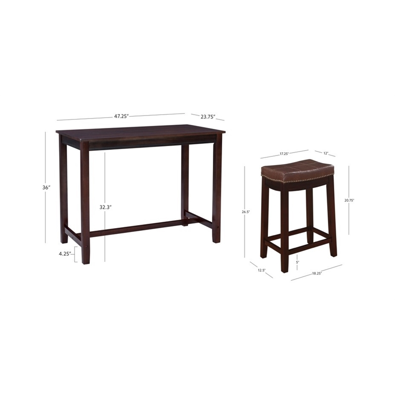 Pemberly Row Three Piece Counter Dining Set Faux Leather Seats in Brown Wood