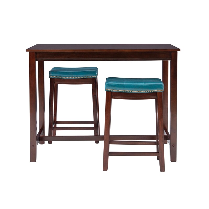 Pemberly Row Wood 3 Piece Counter Dining Set Blue Faux Leather in Brown Stain