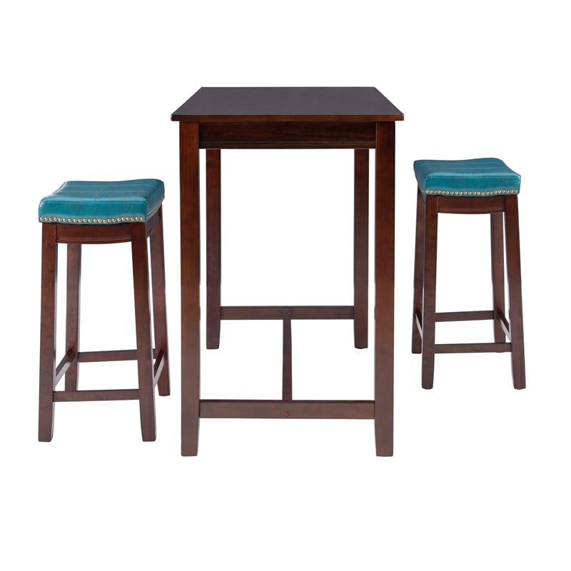 Pemberly Row Wood 3 Piece Counter Dining Set Blue Faux Leather in Brown Stain