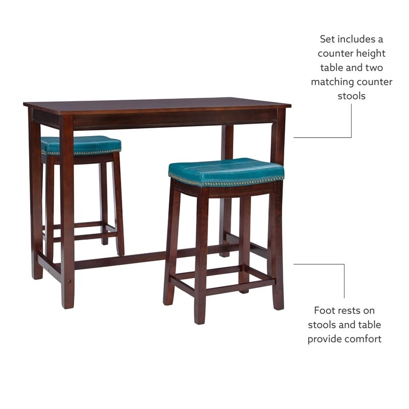 Pemberly Row Wood 3 Piece Counter Dining Set Blue Faux Leather in Brown Stain