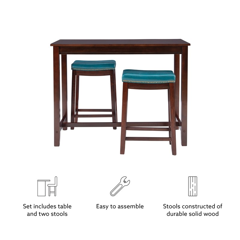 Pemberly Row Wood 3 Piece Counter Dining Set Blue Faux Leather in Brown Stain