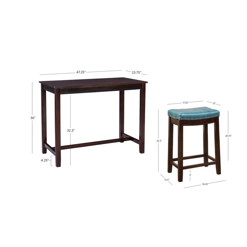 Pemberly Row Wood 3 Piece Counter Dining Set Blue Faux Leather in Brown Stain
